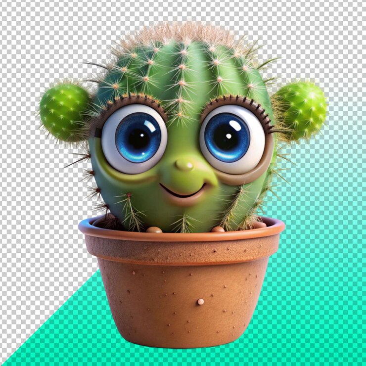PSD cactus con un ojo grande y azul en un fondo transparente