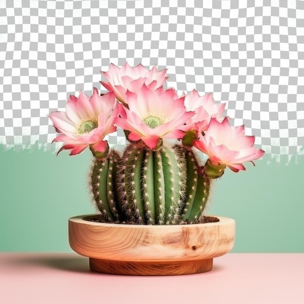 PSD a cactus plant with pink flowers in a wooden bowl