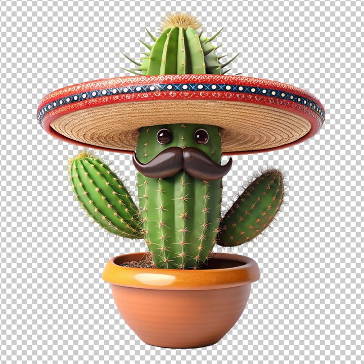PSD cactus con sombrero y bigote de fondo transparente