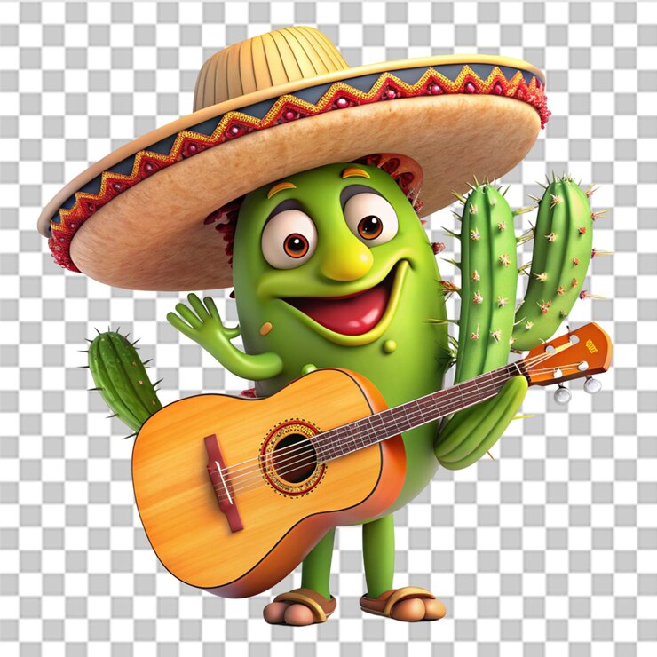 PSD cactus tocando la guitarra con el ícono del taco aislado en un fondo transparente