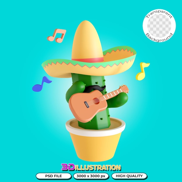 Cactus tocando guitarra ilustração 3D em fundo transparente