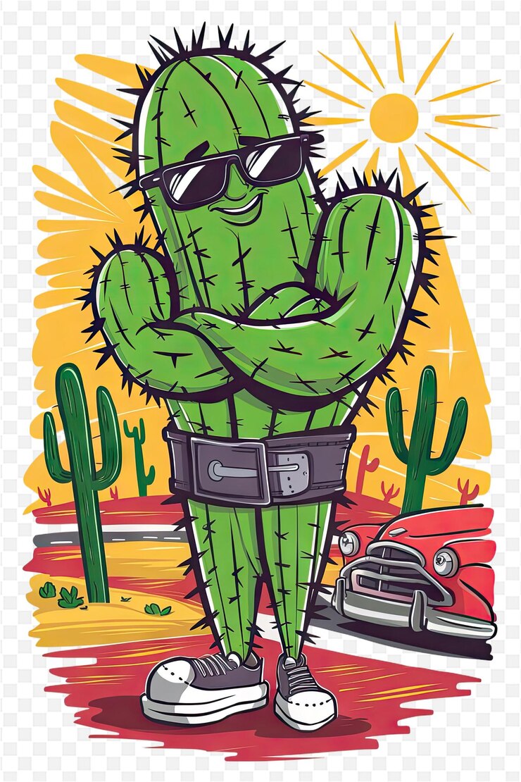 PSD un cactus verde con anteojos de sol y gafas de sol en un fondo amarillo