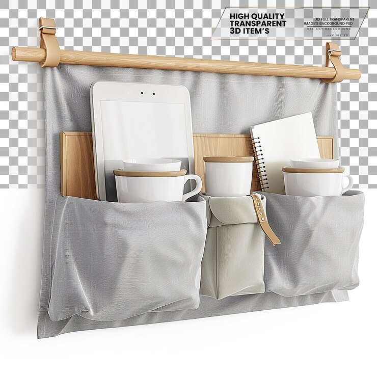 PSD caddy de armazenamento de beira de cama para pendurar do lado da cama fundo transparente