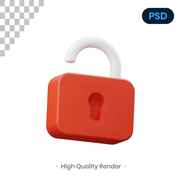 Cadeado aberto 3d render ilustração psd premium