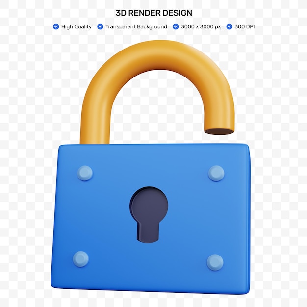 cadeado aberto azul de renderização 3D isolado