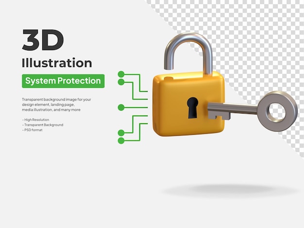Cadeado com ilustração 3d do ícone do sistema chave