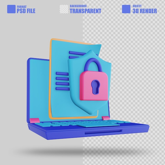 Cadeado de segurança para laptop de documento de ilustração 3d