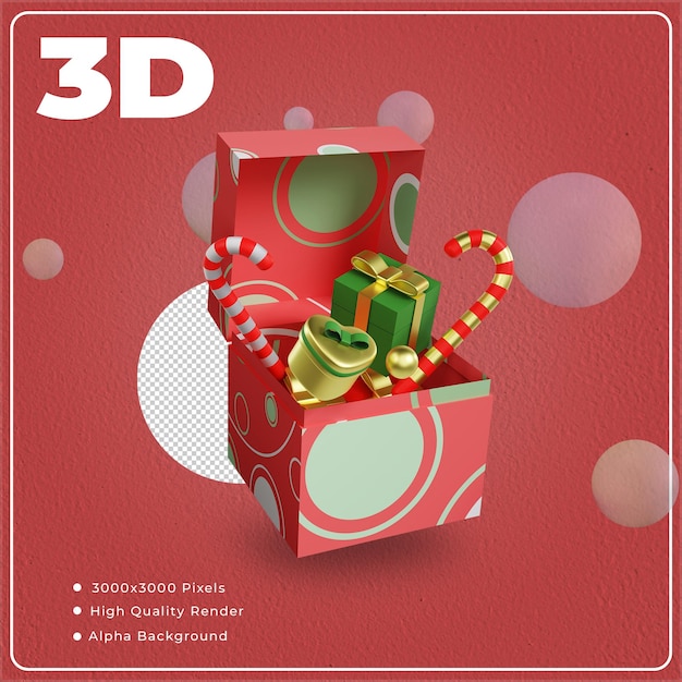 Cadeau de Noël 3D dans une boîte avec un rendu de haute qualité
