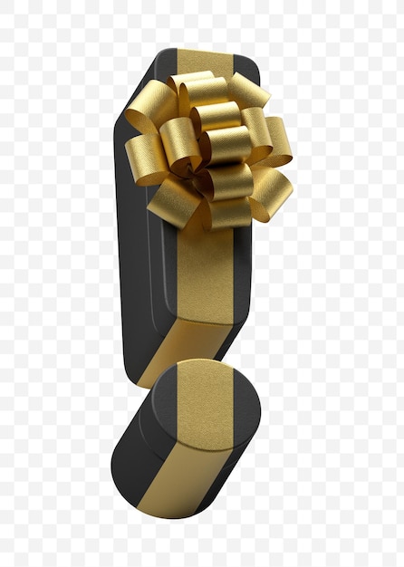 Cadeau de point d'exclamation de l'alphabet emballé dans du papier noir foncé avec un fichier PSD isolé de luxe avec un arc doré