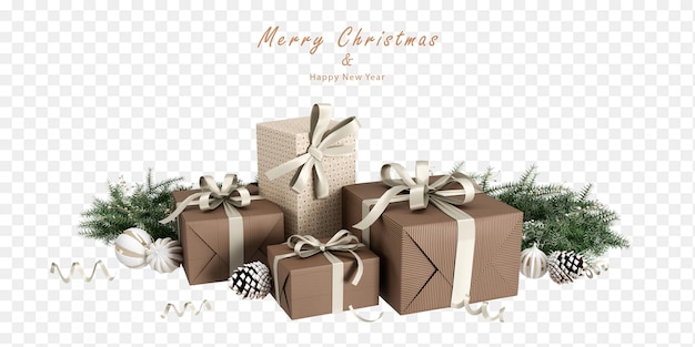 Cadeaux De Noël Et Feuille De Pin En Rendu 3d
