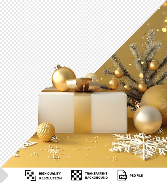 PSD cadeaux et ornements de noël isolés maquette sur un fond jaune avec une boule d'or boîte blanche et ornement en or png