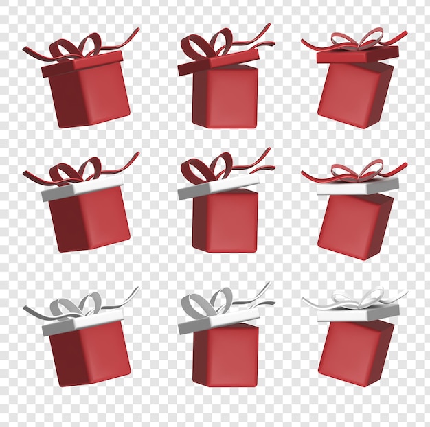 Cadeaux rouges 3d avec des rayures de couleur et des arcs