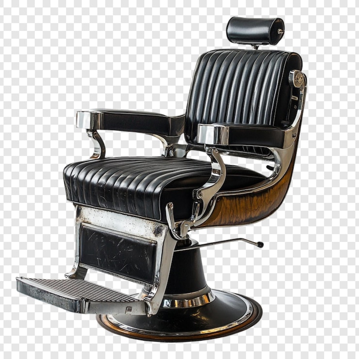 PSD cadeira de barbeiro vintage de couro preto cromado detalhes estilo clássico de barbearia móveis antigos design icônico equipamento profissional de salão de cabeleireiro estilo retro cadeira de barbaria