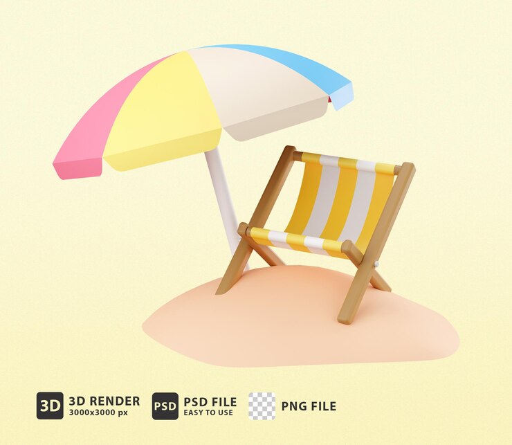 cadeira de praia listrada de ilustração de verão 3d com guarda-sol