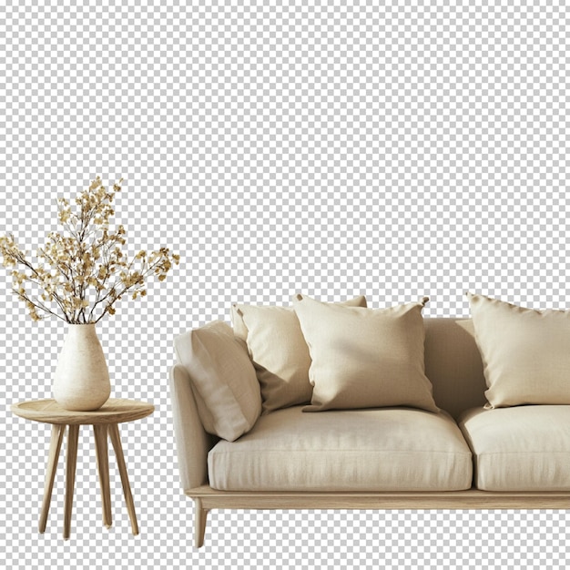 Cadeiras de couro de interior de sala de estar moderna sofá sofá plantas lâmpada de mesa em fundo transparente