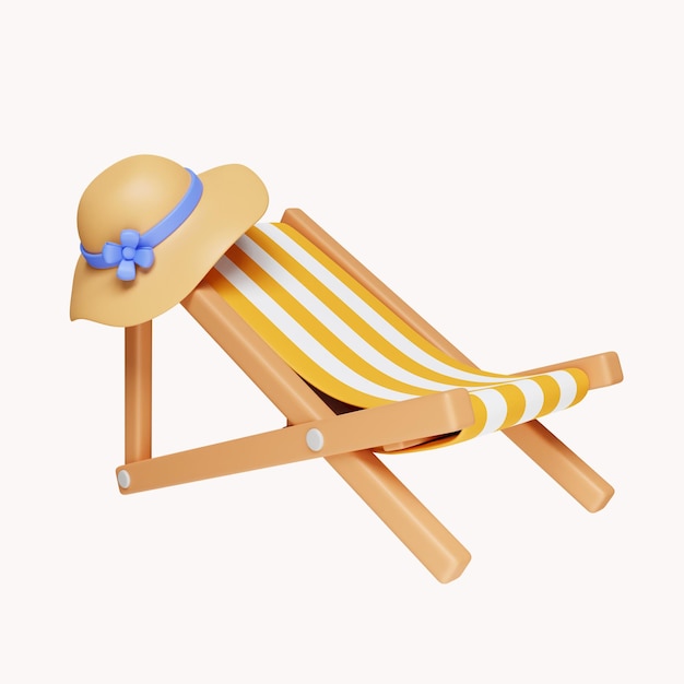 Cadeiras de praia 3d e chapéu férias de verão e ícone do conceito de feriados isolado no fundo branco ilustração de renderização 3d Traçado de recorte