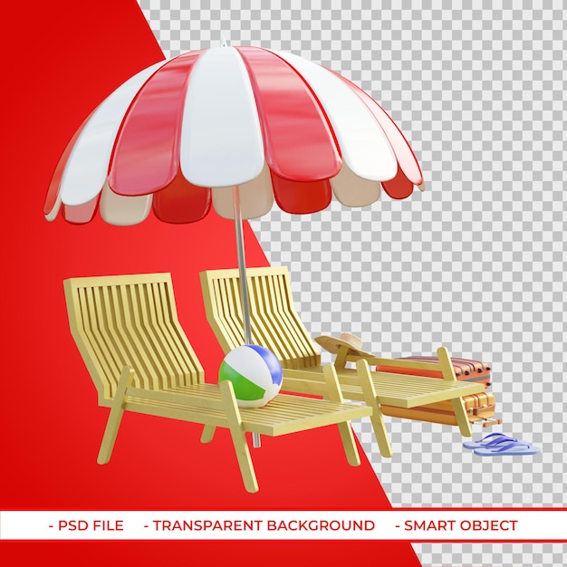 Cadeiras de praia e guarda-sóis com bagagens de bolas de praia renderização em 3D