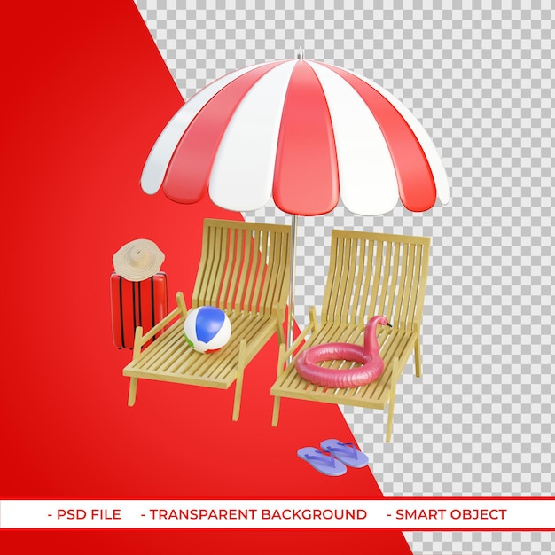 Cadeiras de praia e guarda-sóis com bagagens de bolas de praia renderização em 3D