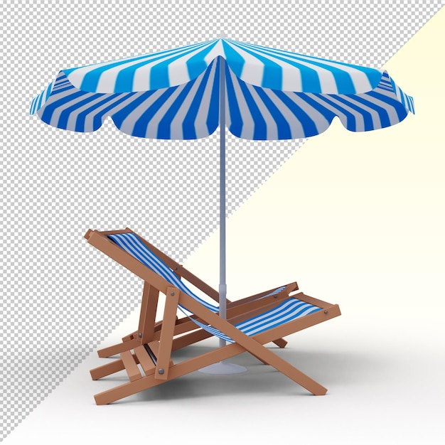 Cadeiras de praia listradas azuis e brancas e guarda-chuva na praia