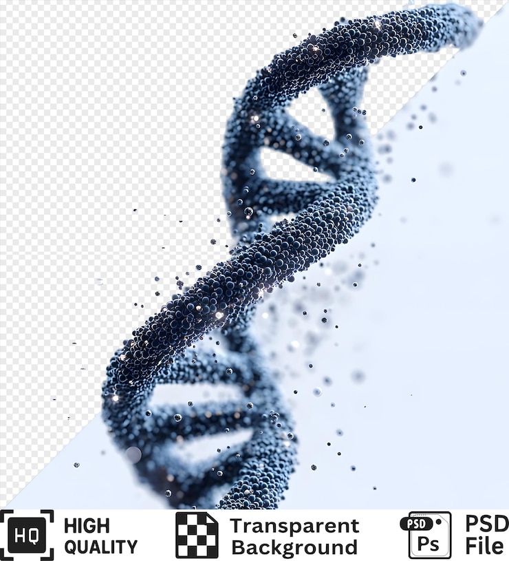 PSD cadena de adn de doble hélice renderizada en 3d con partículas brillantes aisladas en un fondo transparente