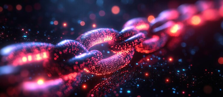 PSD una cadena brillante con un efecto de luz roja y azul en un fondo oscuro con efectos bokeh