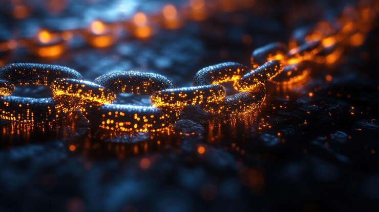 PSD una cadena brillante hecha de enlaces metálicos se sienta en una superficie de textura oscura. la cadena está iluminada con un cálido resplandor naranja y un resplendor azul en el fondo.