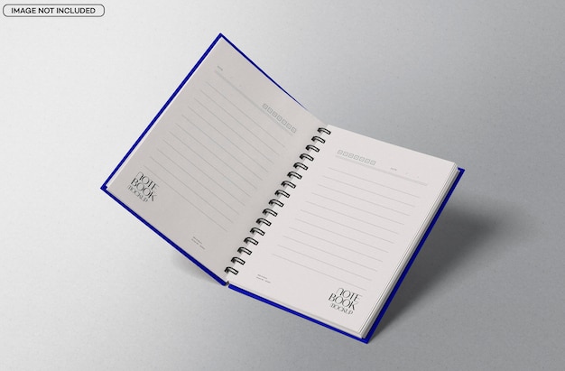 Caderno de notas azul aberto com maquete de encadernação em espiral em uma superfície clara