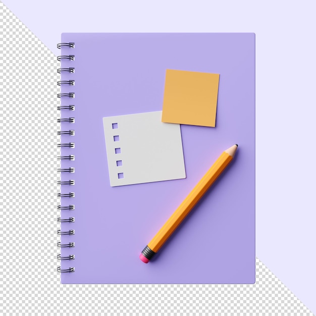 Caderno de notas em espiral 3D com lápis amarelo e adesivos