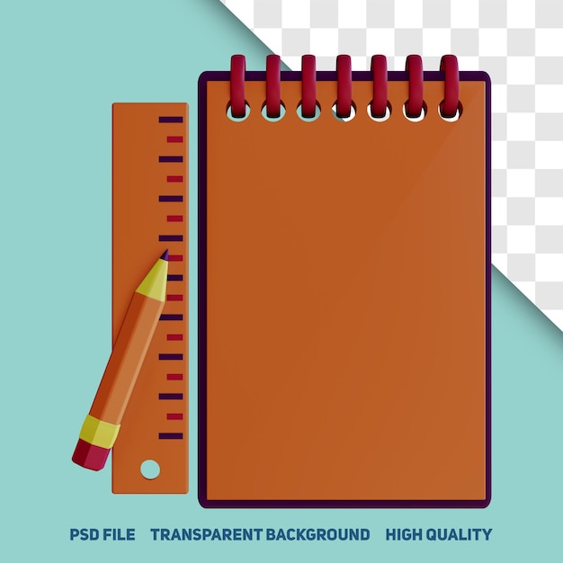 Caderno de renderização 3D e régua com lápis psd premium