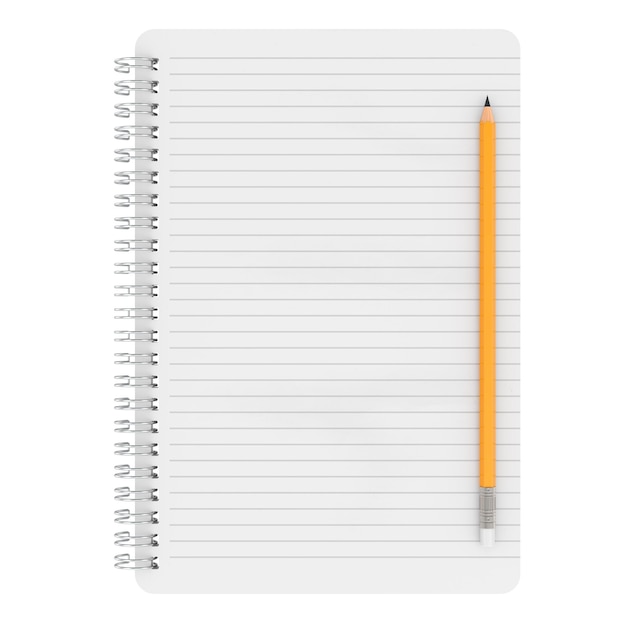 Caderno em espiral com papel revestido e renderização 3D de lápis isolado em fundo transparente
