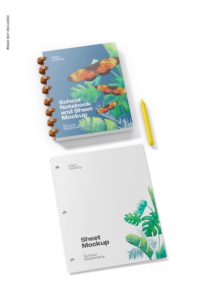 Caderno escolar e maquete de folha, perspectiva