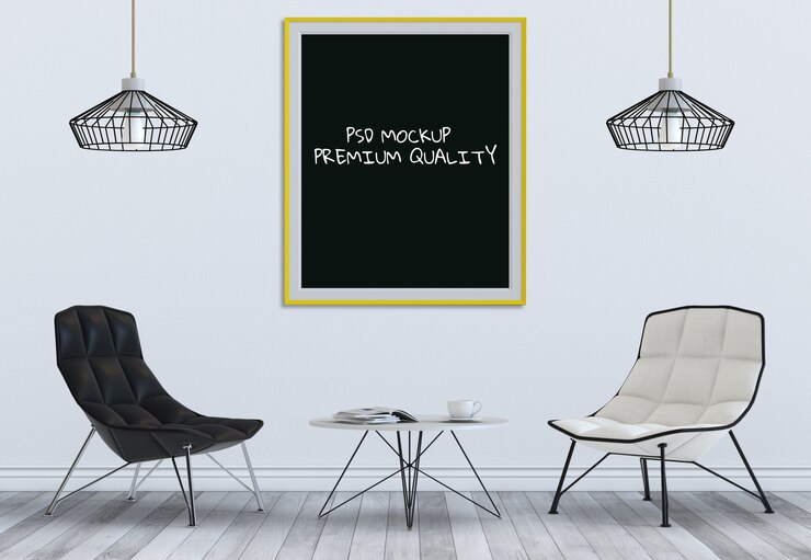 PSD cadre d&#39;affichage maquette dans le salon intérieur et une chaise, rendu 3d