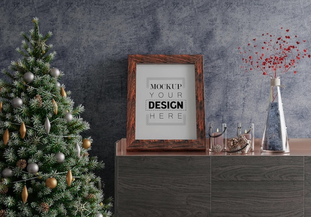 Cadre d'affiche dans la salle de décoration de Noël Psd Mockup