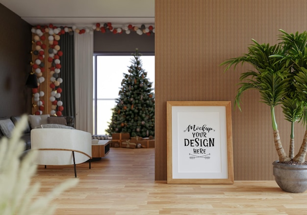 Cadre d'affiche dans la salle de décoration de Noël Psd Mockup