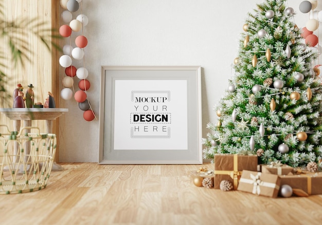 Cadre d'affiche dans la salle de décoration de Noël Psd Mockup