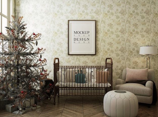 Cadre D'affiche De Maquette Dans La Chambre D'enfant Avec Arbre De Noël Et Décoration