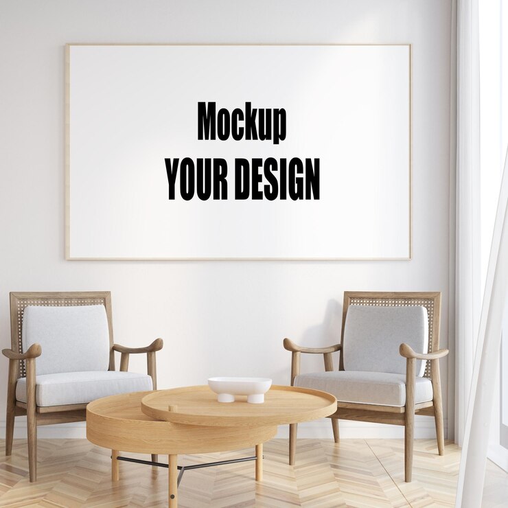 cadre d'affiche maquette dans un intérieur moderne, salon, style scandinave, rendu 3D