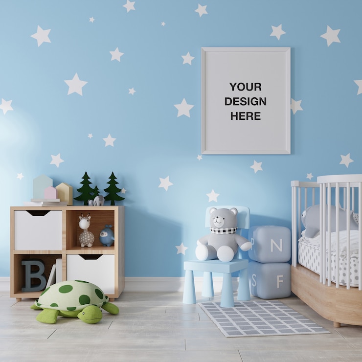 PSD cadre d'affiche de maquette dans le rendu 3d de la chambre des enfants