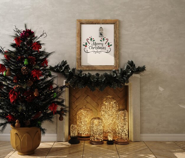 Cadre D'affiche De Maquette Avec Décoration De Noël Et Arbre De Noël