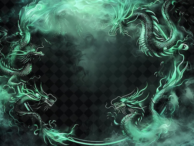 PSD cadre d'arcane de dragon mythique avec des dragons majestueux encirclin cadre de couleur néon collection d'art y2k