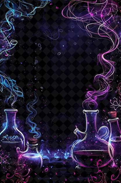 PSD cadre d'arcane de potion magique avec des chaudrons bouillonnants et un cadre de couleur myst neon de la collection d'art y2k