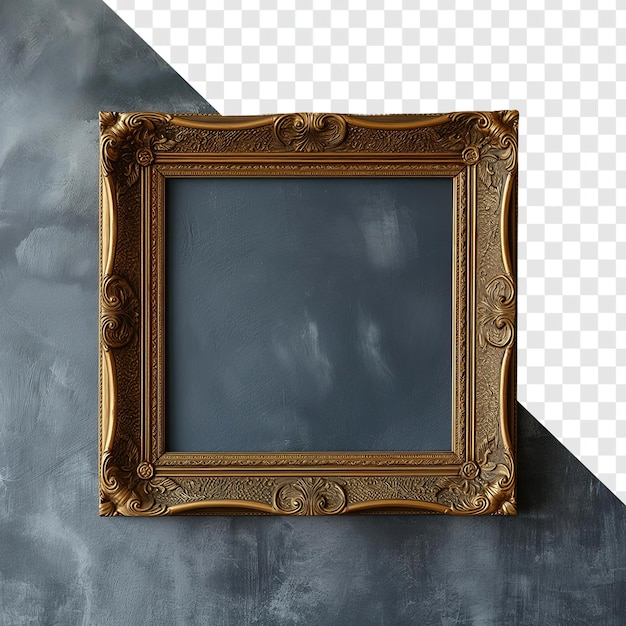 PSD un cadre doré autour d'une toile carrée vide sur un mur gris