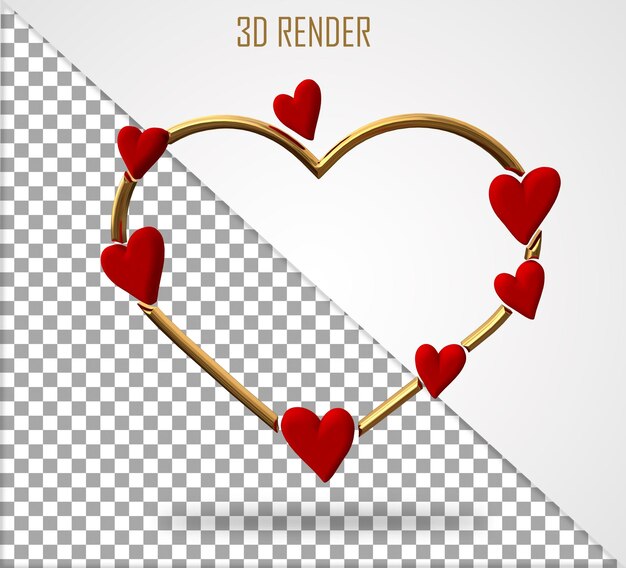 PSD cadre doré avec illustration de rendu 3d coeurs