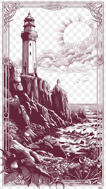 Cadre Du Paysage De La Falaise Avec Des Papillons De Mer Et Le Phare De La Côte Irlandaise Tatouage De Contour Découpé Cnc