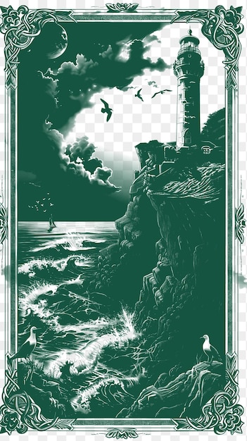 PSD cadre du paysage de la falaise avec des papillons de mer et le phare de la côte irlandaise tatouage de contour découpé cnc