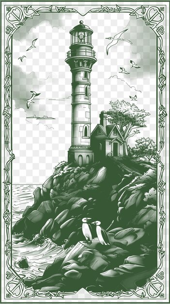 PSD cadre du paysage de la falaise avec des papillons de mer et le phare de la côte irlandaise tatouage de contour découpé cnc