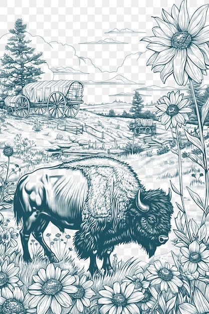 Cadre Du Paysage De La Prairie Avec Du Bison Et Des Fleurs Sauvages Pionnier Américain Tatouage De Contour Découpé Cnc