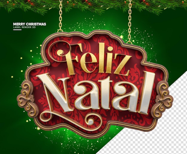 Cadre d'étiquette joyeux Noël en rendu 3d réaliste avec cloche et boules en portugais brésilien