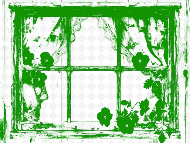 PSD cadre de fenêtre blanchi avec des fleurs de pansy rideau de dentelle décoration artistique créative vectorielle dessins de la nature
