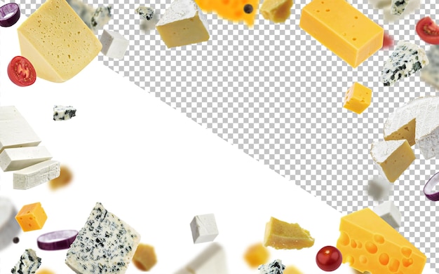 Cadre de fromage isolé sur fond blanc, différents types de fromage